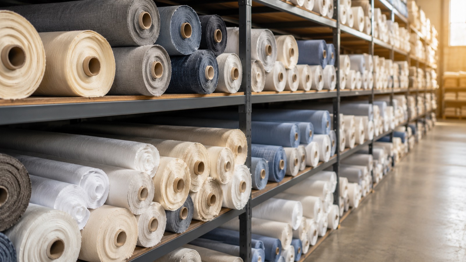Rolls of fabric in a range of qualities stacked on warehouse shelving